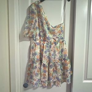 WAYF - One Shoulder Smocked Waist Tiered Mini Dress